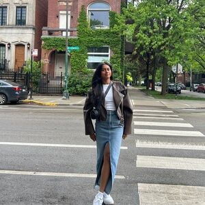 Long Medium Wash Denim Skirt with Slit